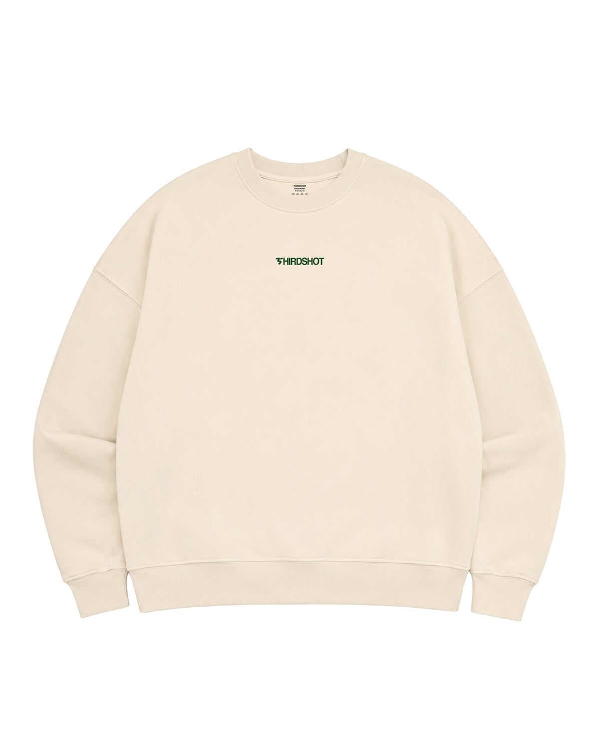 Unisex Oversized Crewneck Sweat in cream, front view with green Third Shot chest logo