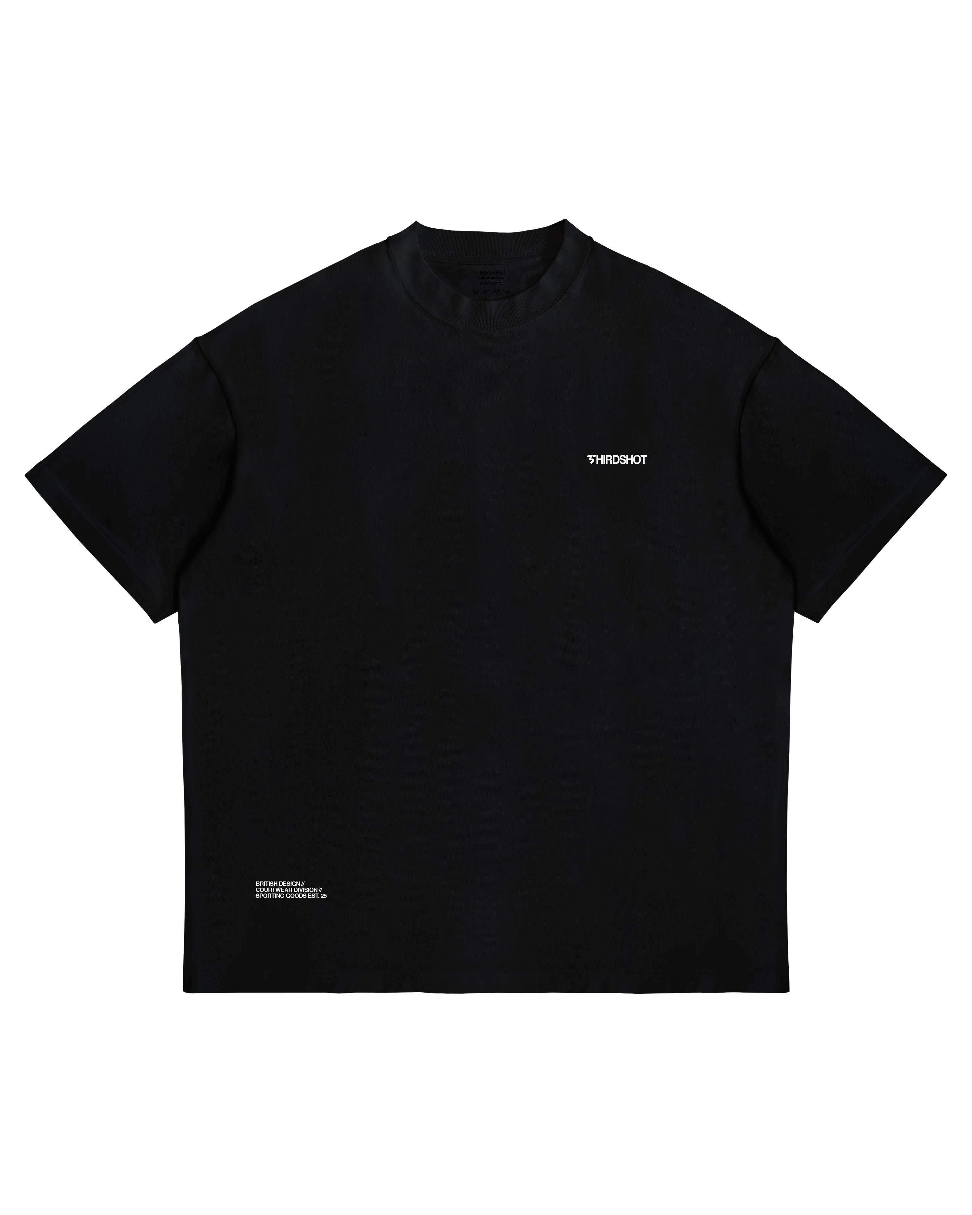 Racket Club Sundays oversized tee in black, front view with white Third Shot chest logo