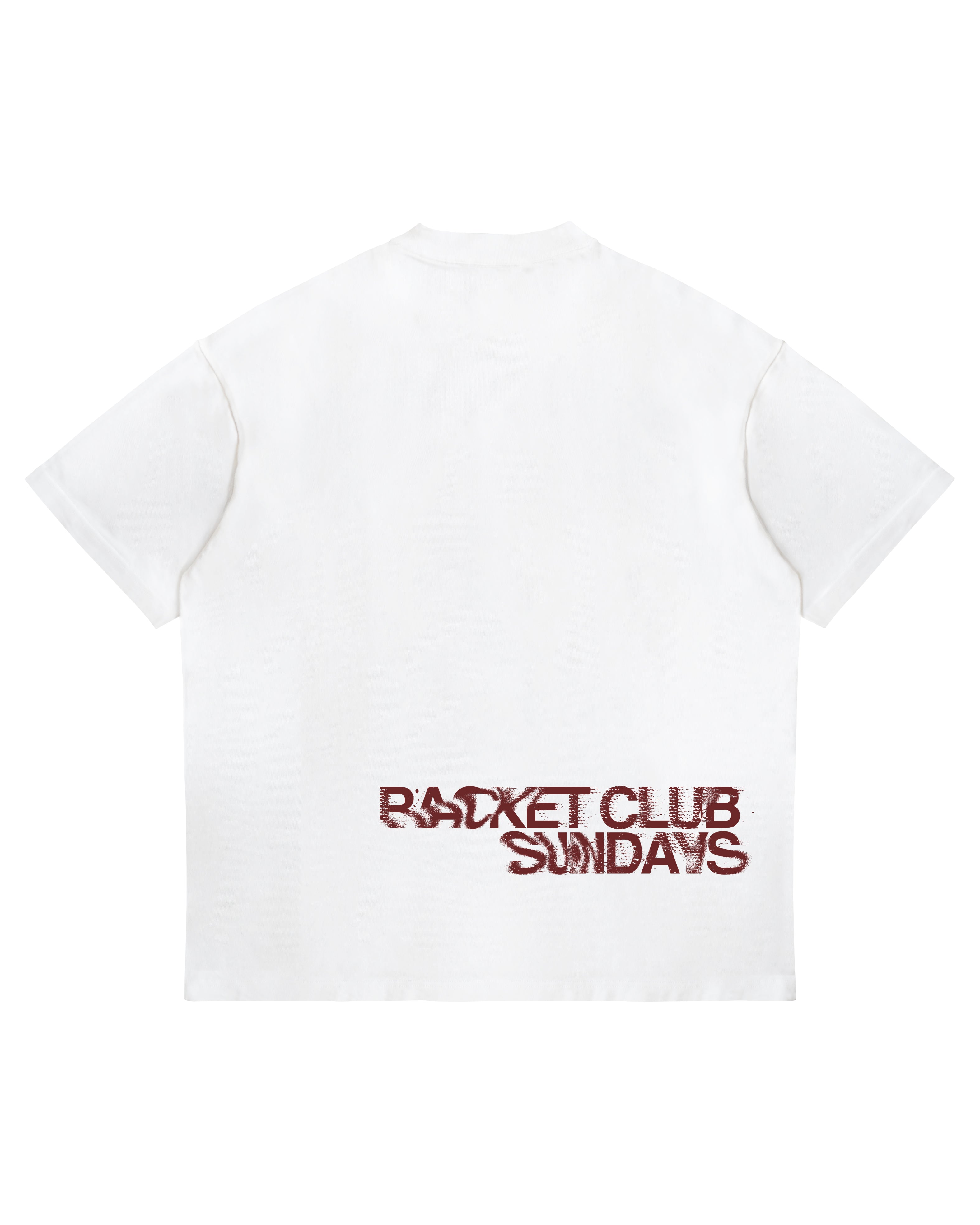 Racket Club Sundays oversized tee in white, back view with burnt red distressed print across the lower back