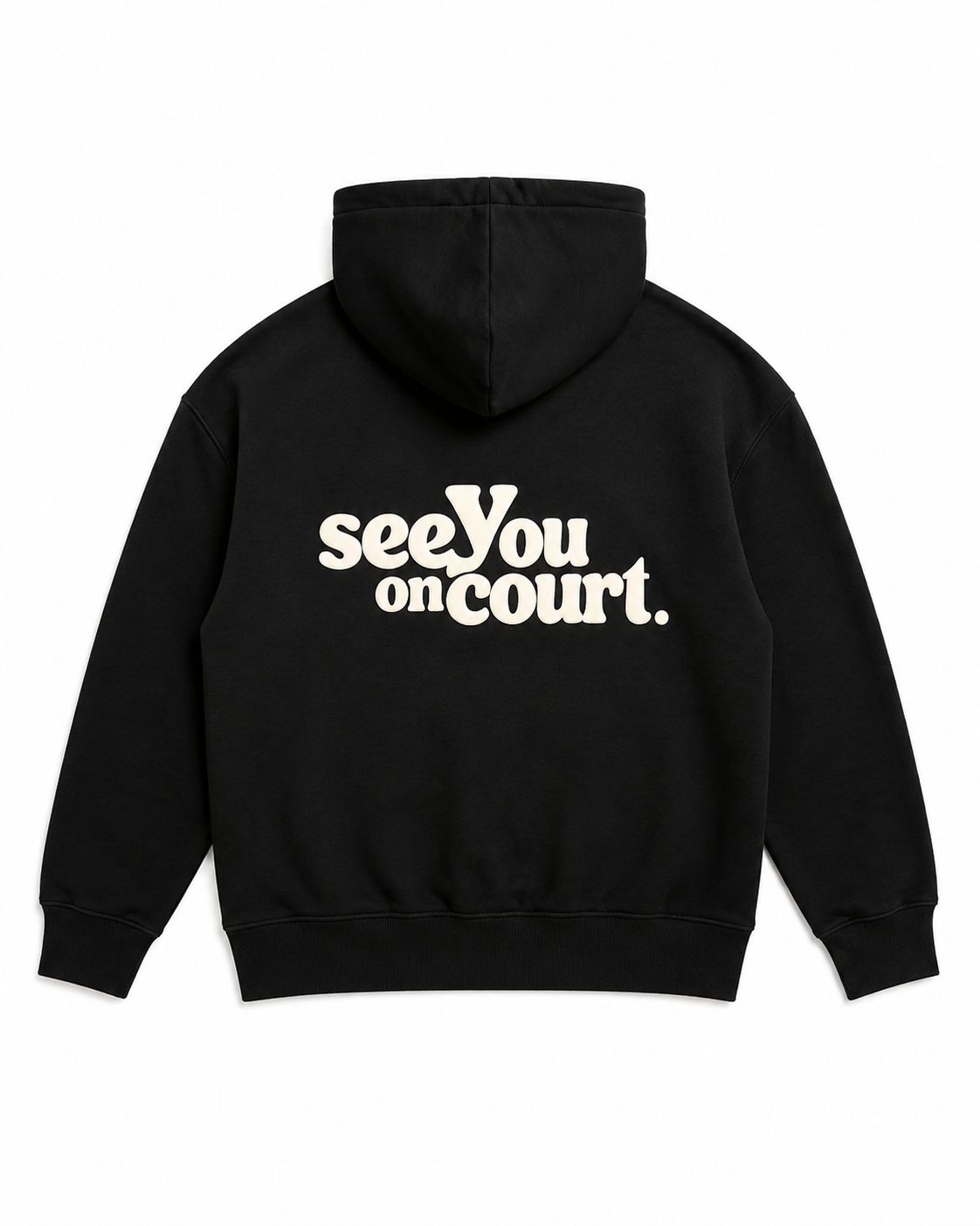 See You On Court hoodie in black, back view with cream puff print lettering