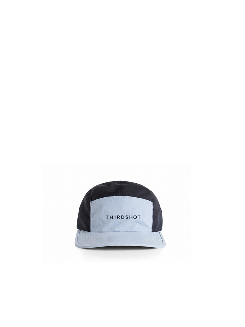 Two-Tone Nylon Cap in light blue and navy — five-panel THIRDSHOT camp cap