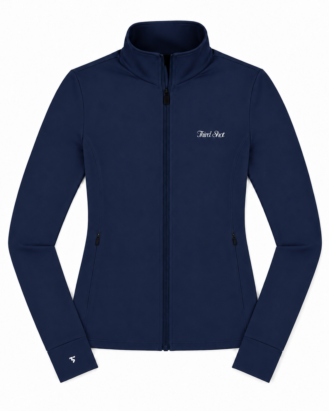 Women's Sports Zip Jacket in navy, front view with full zip, high collar and Third Shot chest logo