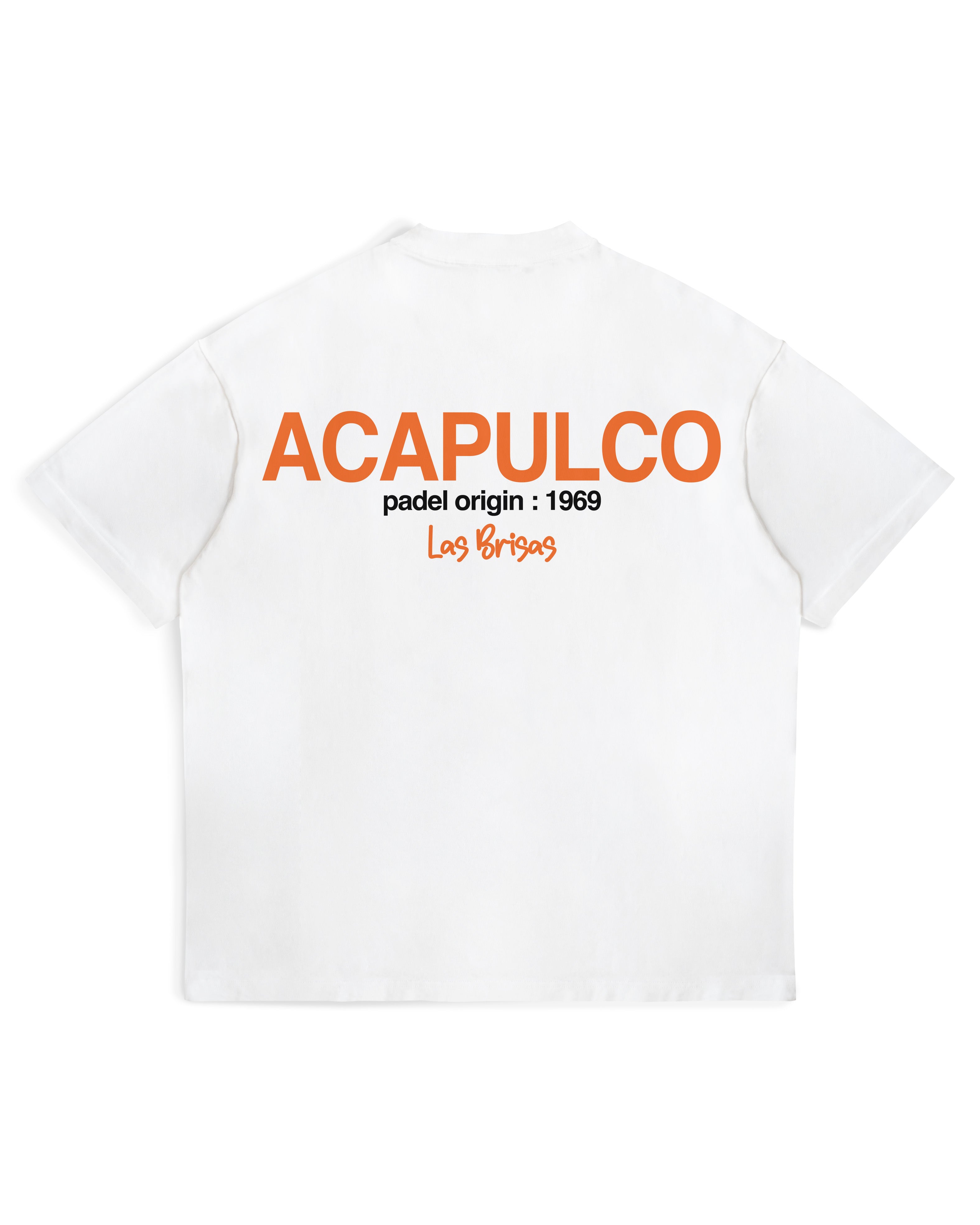 Acapulco Origins Tee in white, back view with orange Acapulco padel origin 1969 print