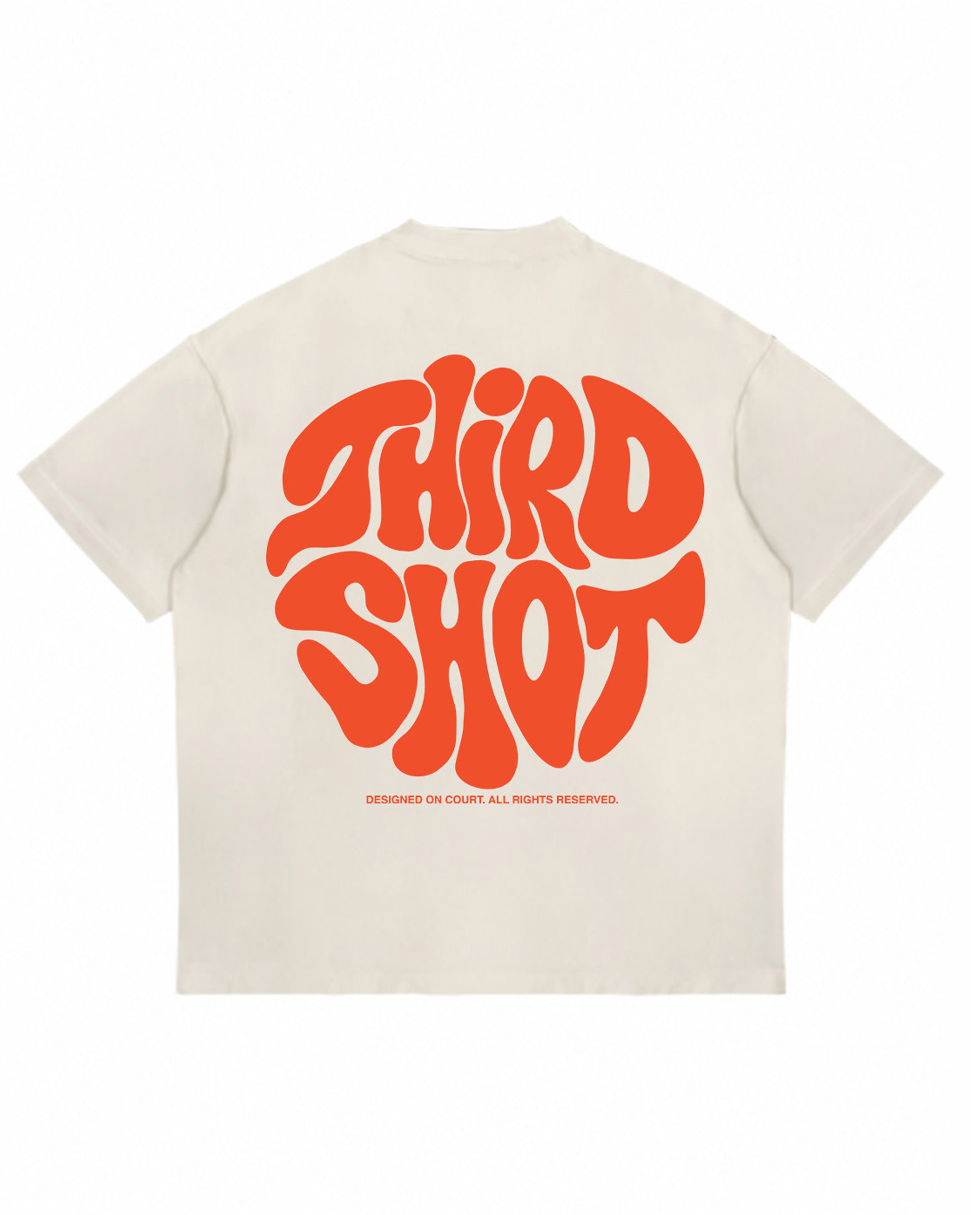 Retro Tee in ecru — back view with large orange retro THIRD SHOT graphic