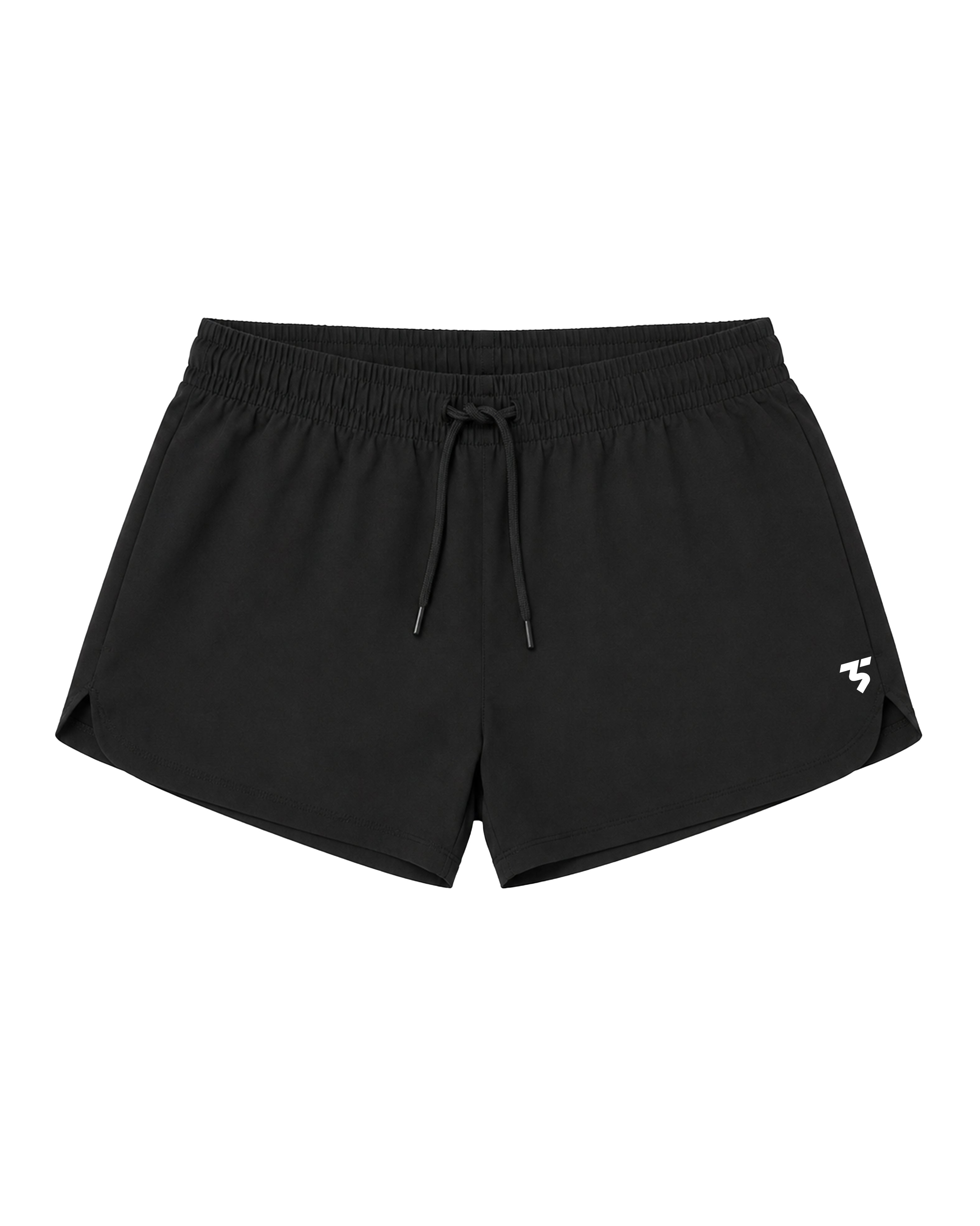Women's Single Layer Sport Shorts in black, front view with drawstring waist and Third Shot leg logo