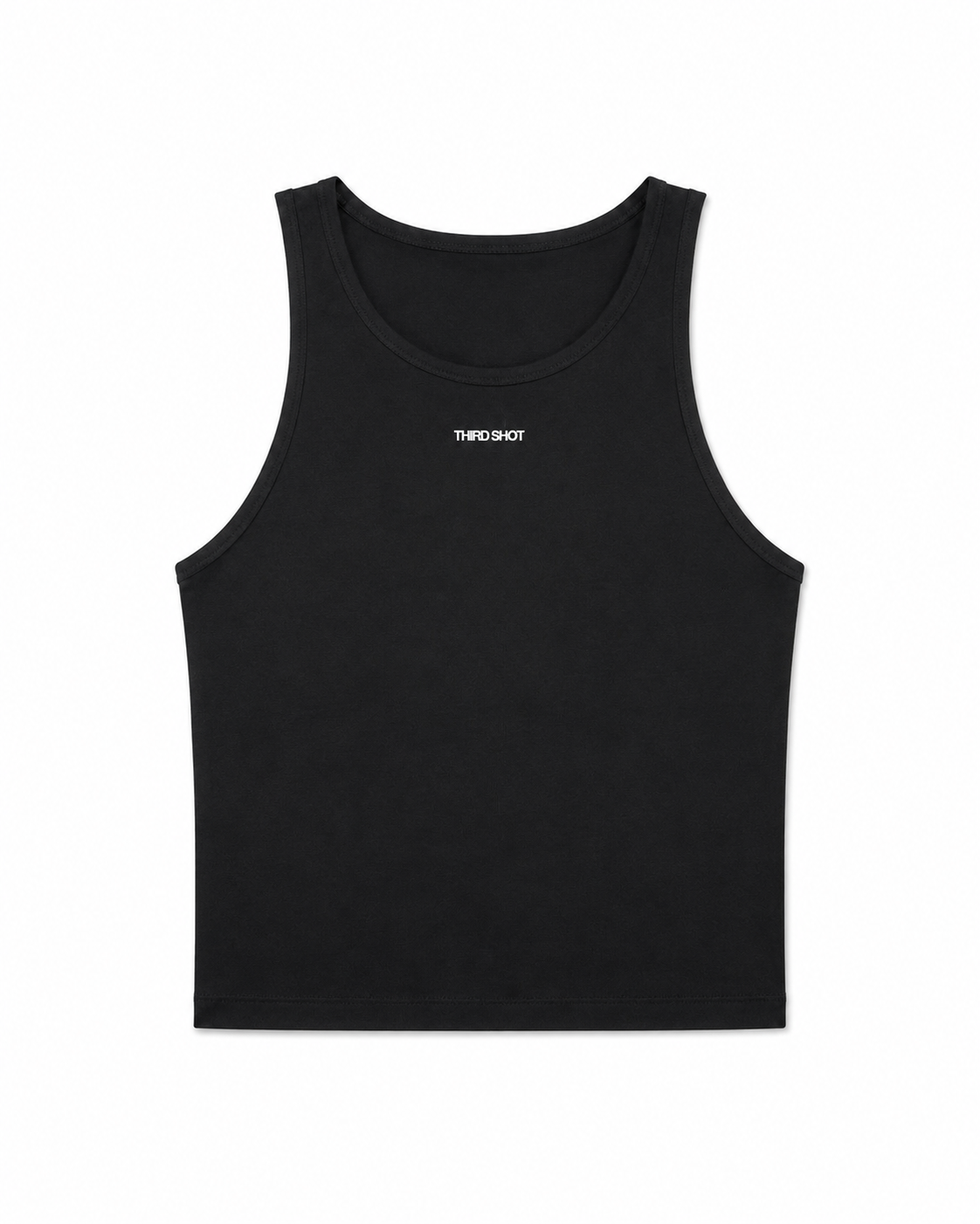 Women's Sports Crop Tank in black, front view with Third Shot chest logo