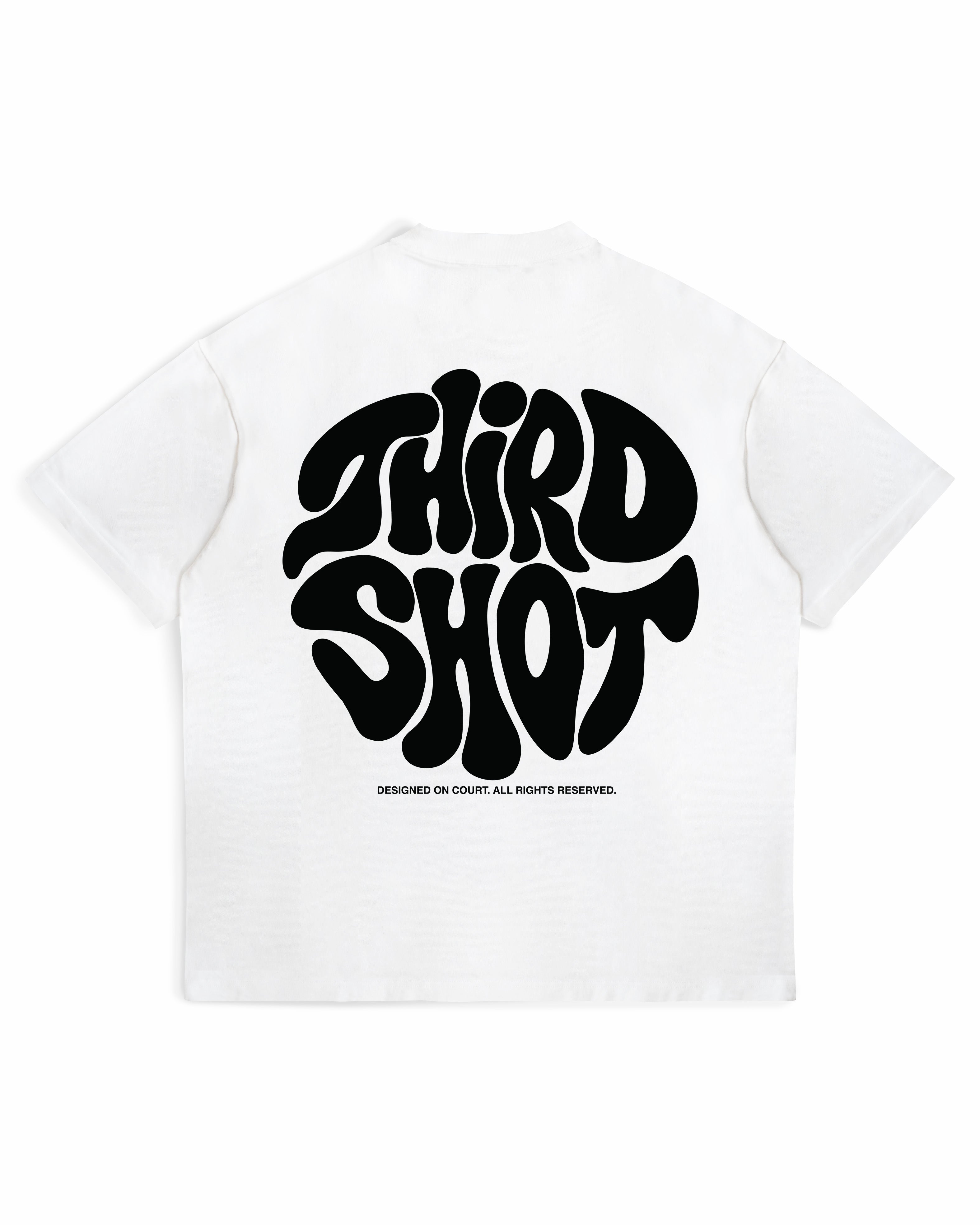 Retro Tee in white — back view with black retro THIRD SHOT graphic