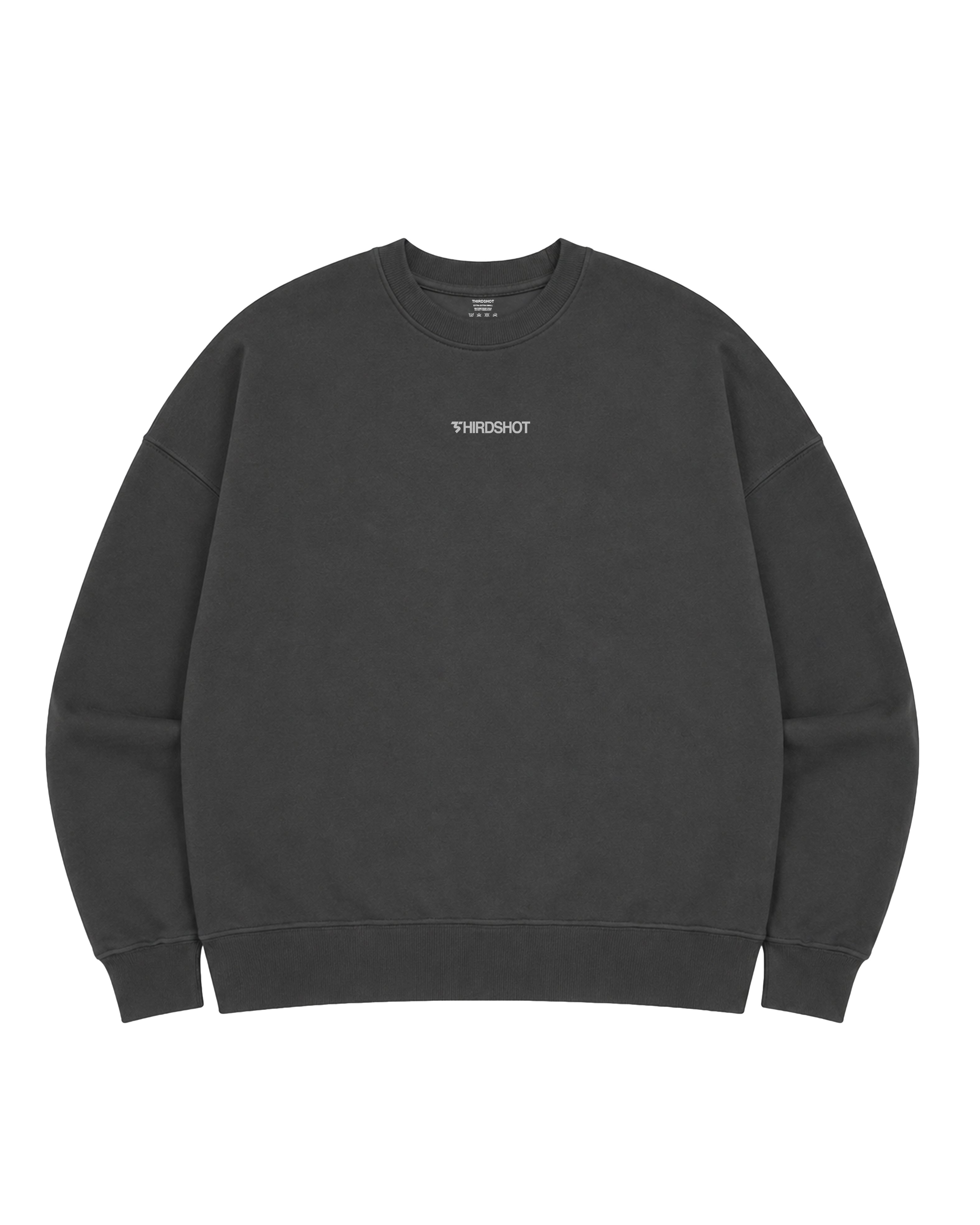 Unisex Oversized Crewneck Sweat in washed anthracite grey, front view with small Third Shot chest logo
