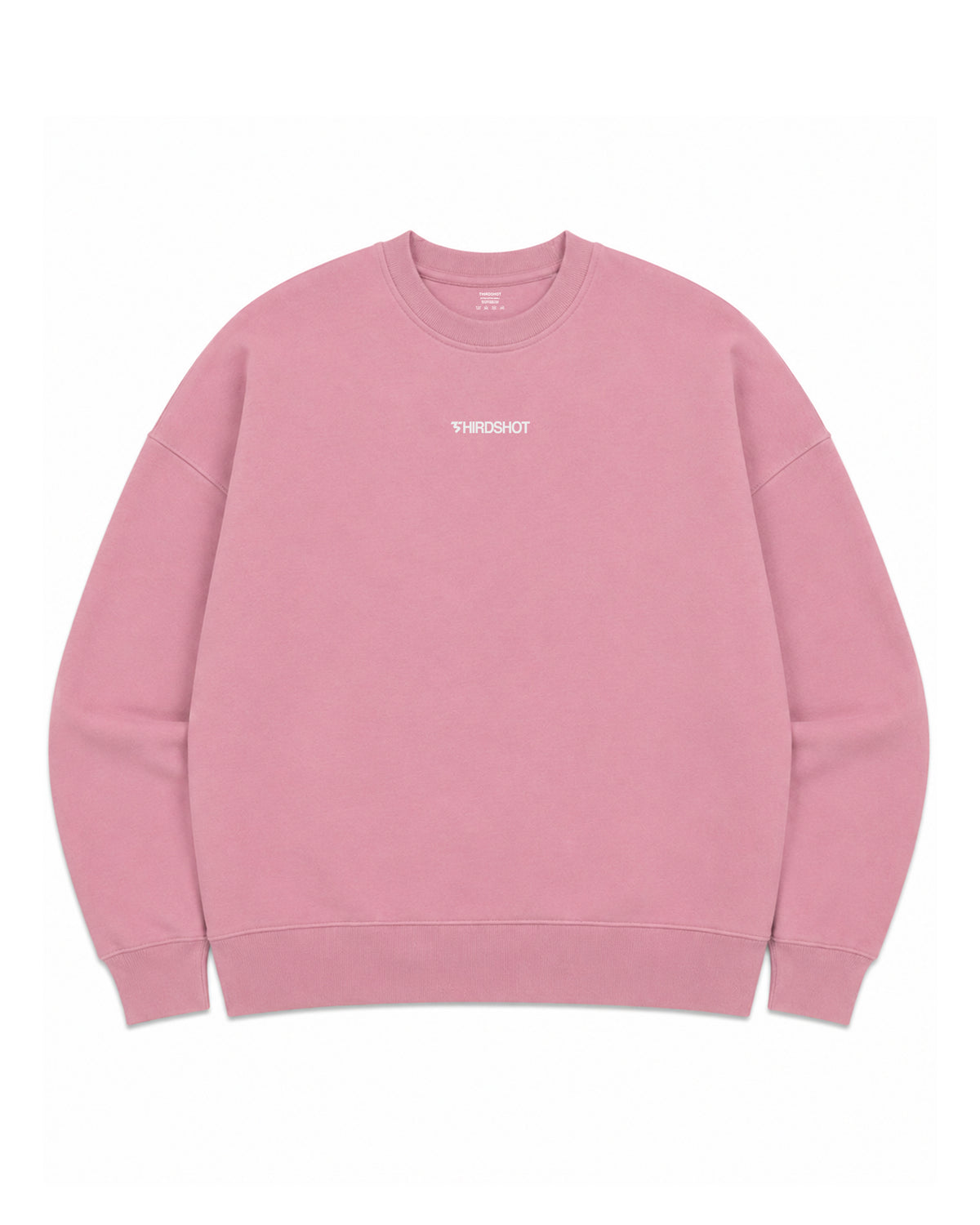 Unisex Oversized Crewneck Sweat in candy pink, front view with white Third Shot chest logo