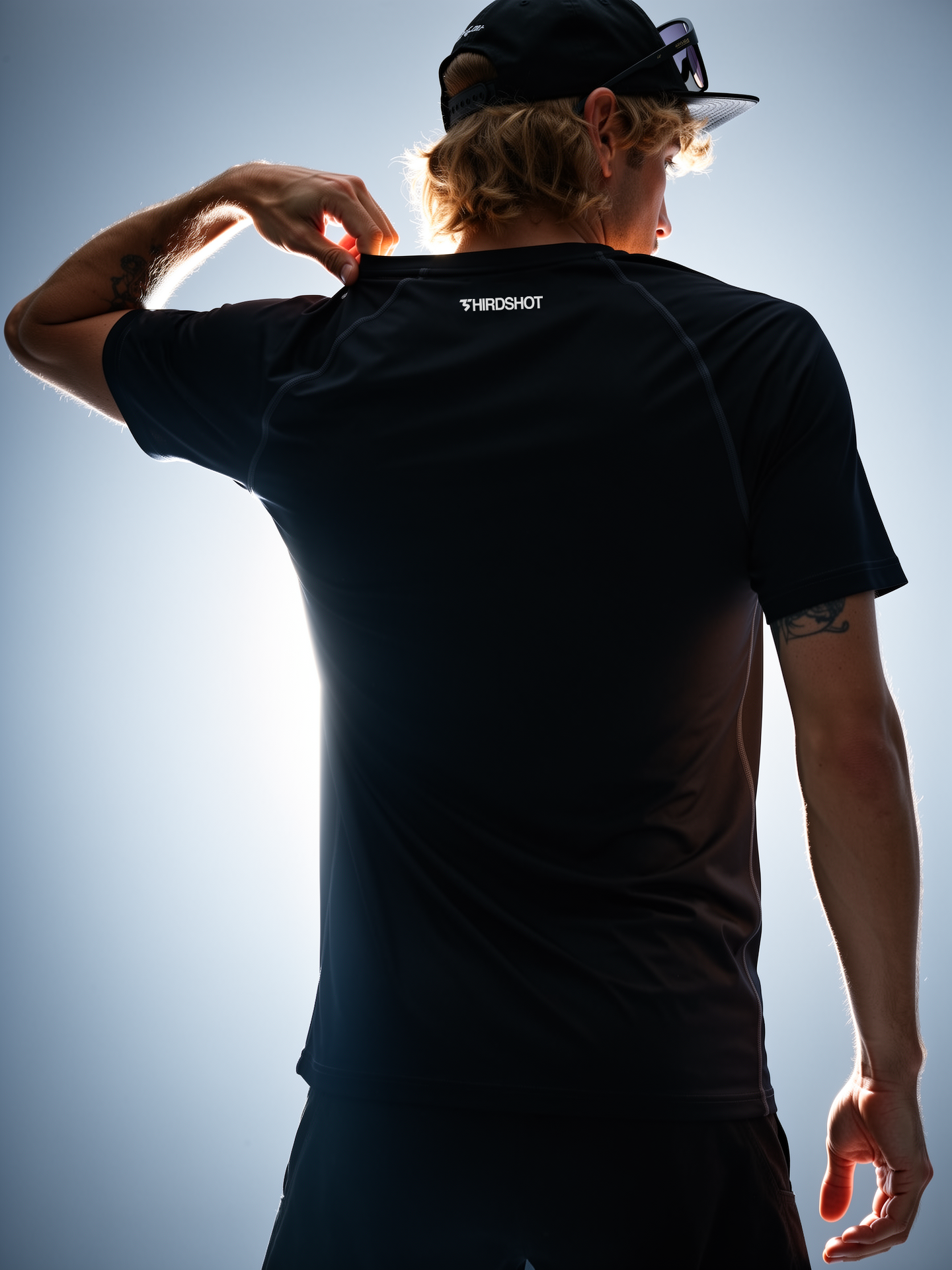 Person wearing a black sports dry top t-shirt with 'ThirdShot' logo on the back against a light blue sky.
