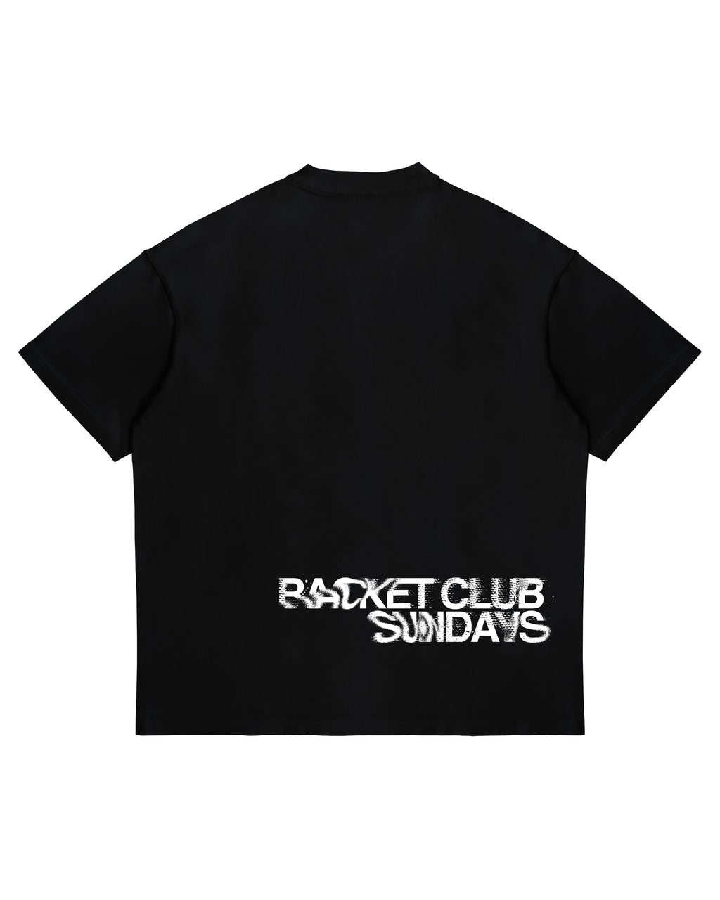 Racket Club Sundays oversized tee in black, back view with white distressed print across the lower back