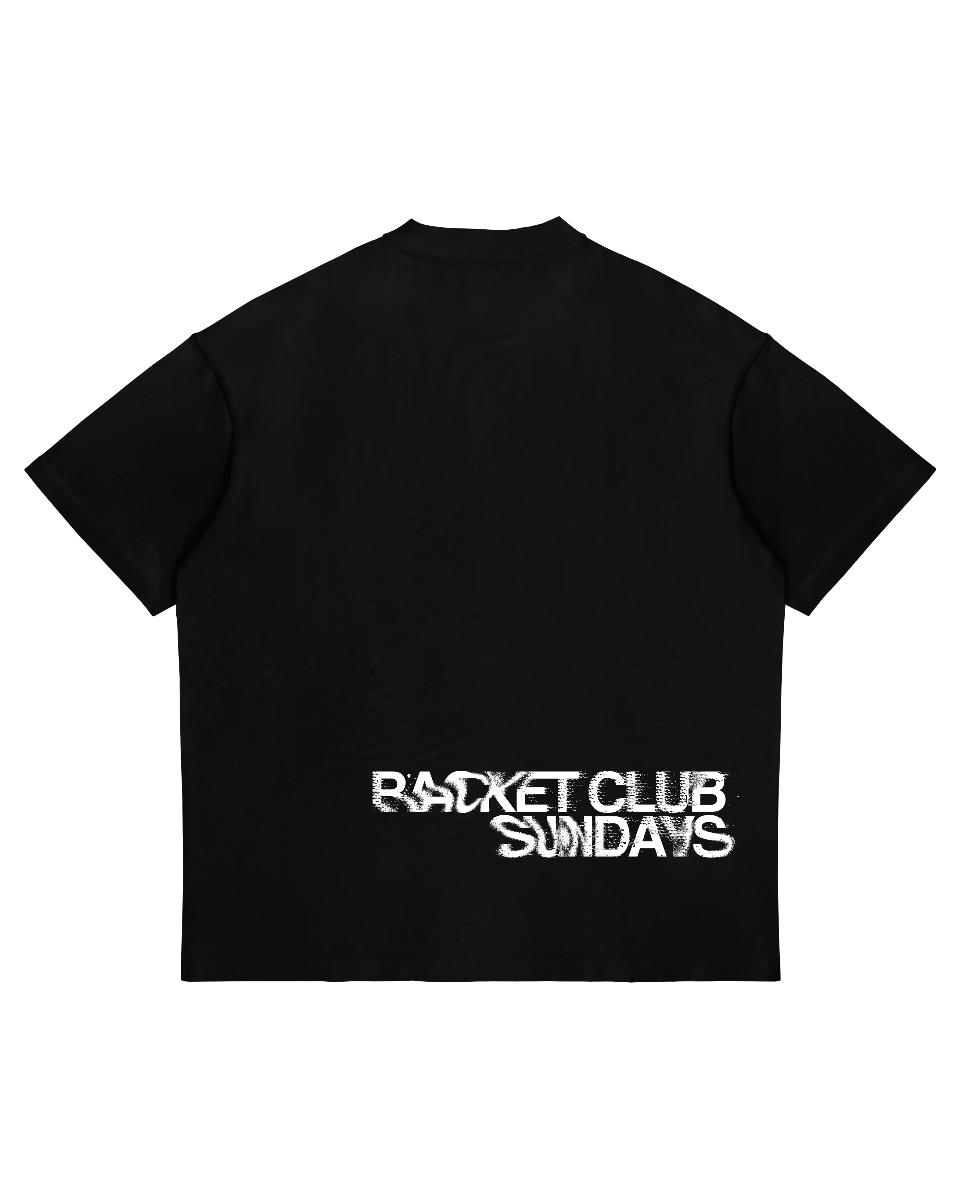 Racket Club Sundays oversized tee in black, back view with white distressed print across the lower back