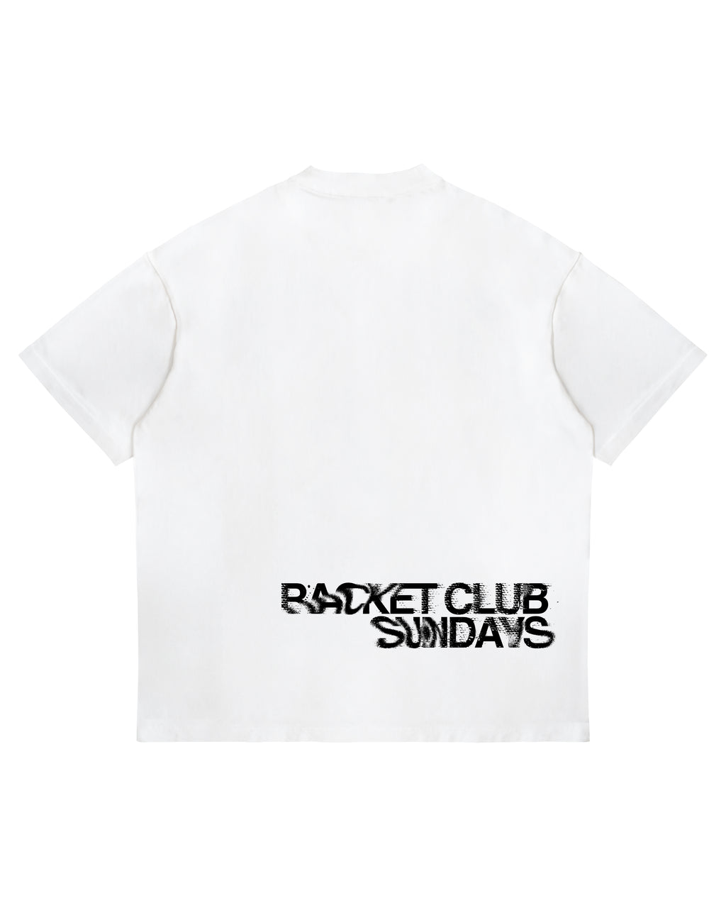 Racket Club Sundays oversized tee in white, back view with black distressed print across the lower back