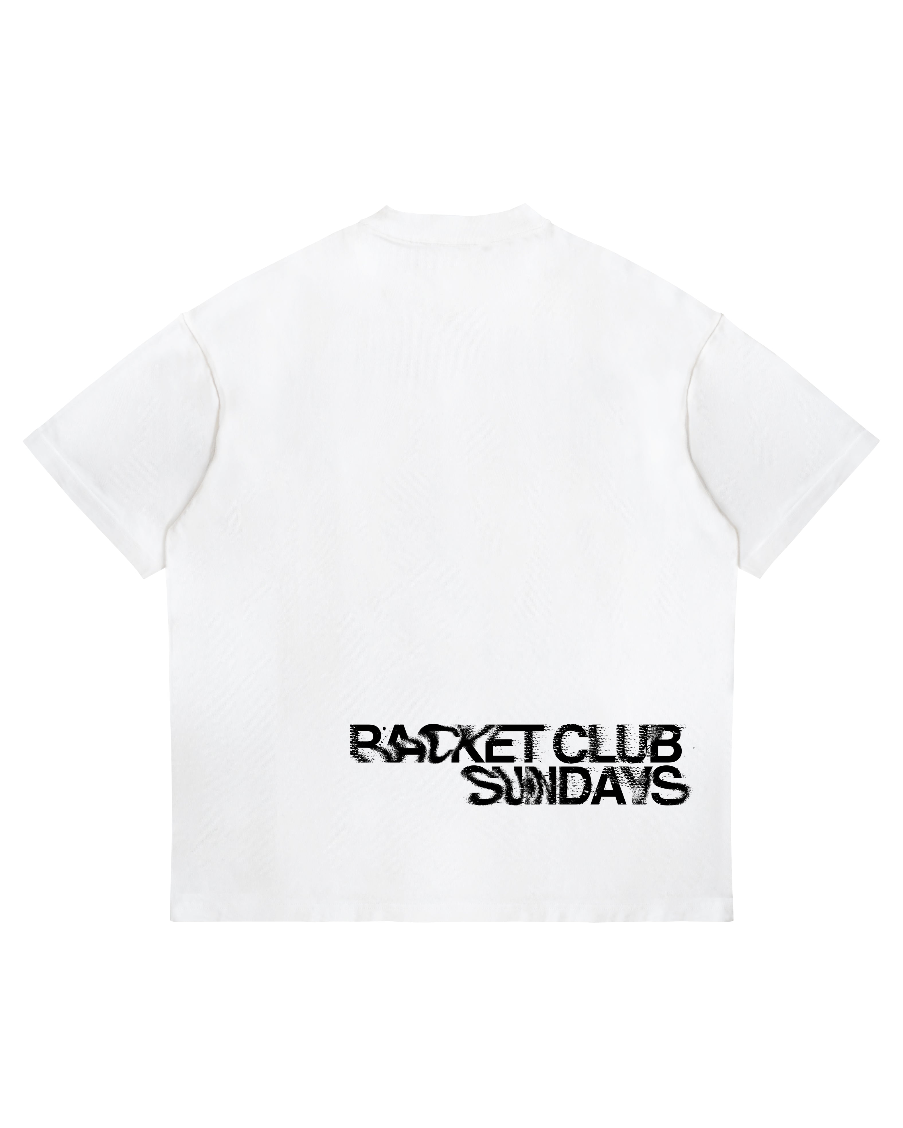 Racket Club Sundays oversized tee in white, back view with black distressed print across the lower back