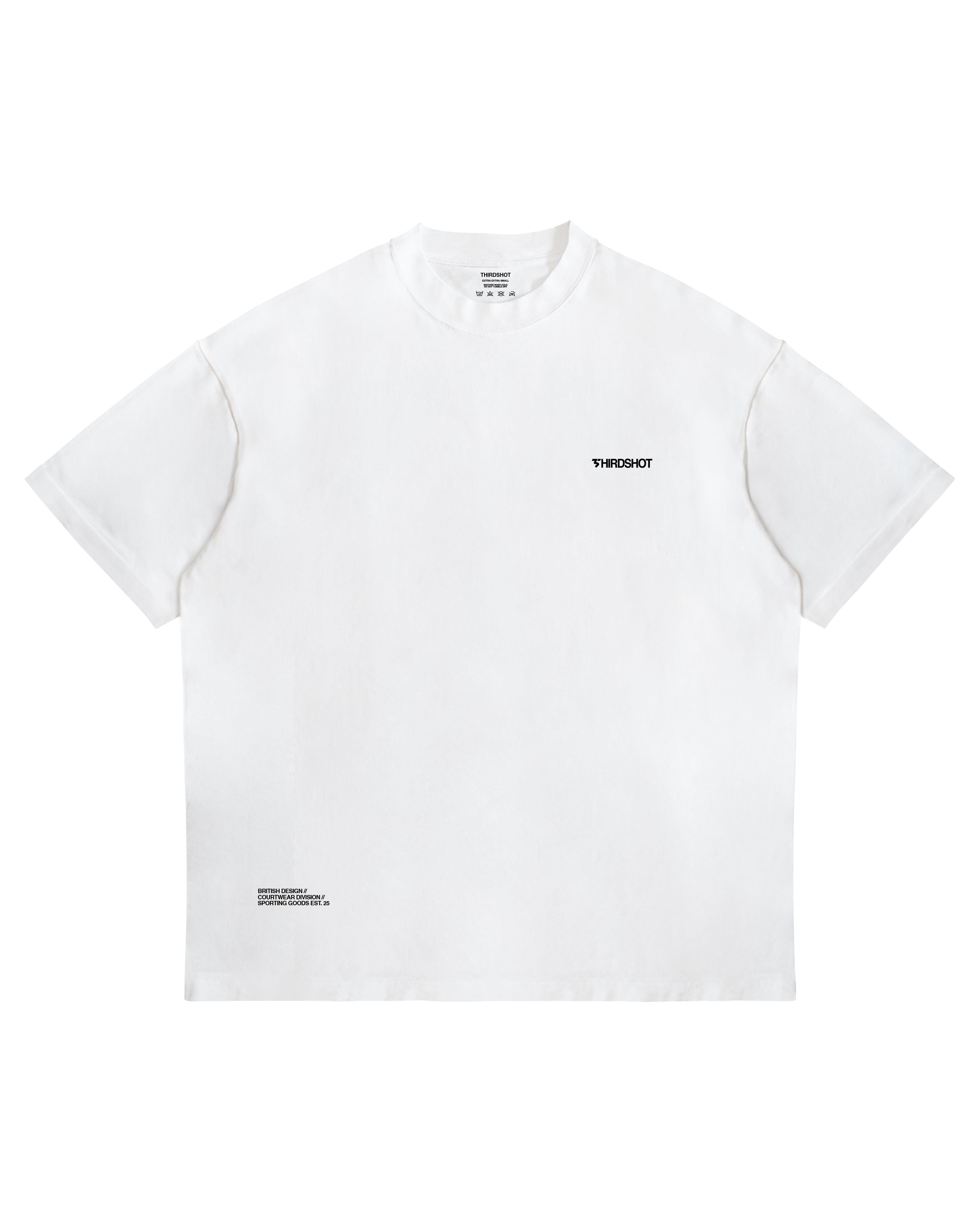 Racket Club Sundays oversized tee in white, front view with black Third Shot chest logo