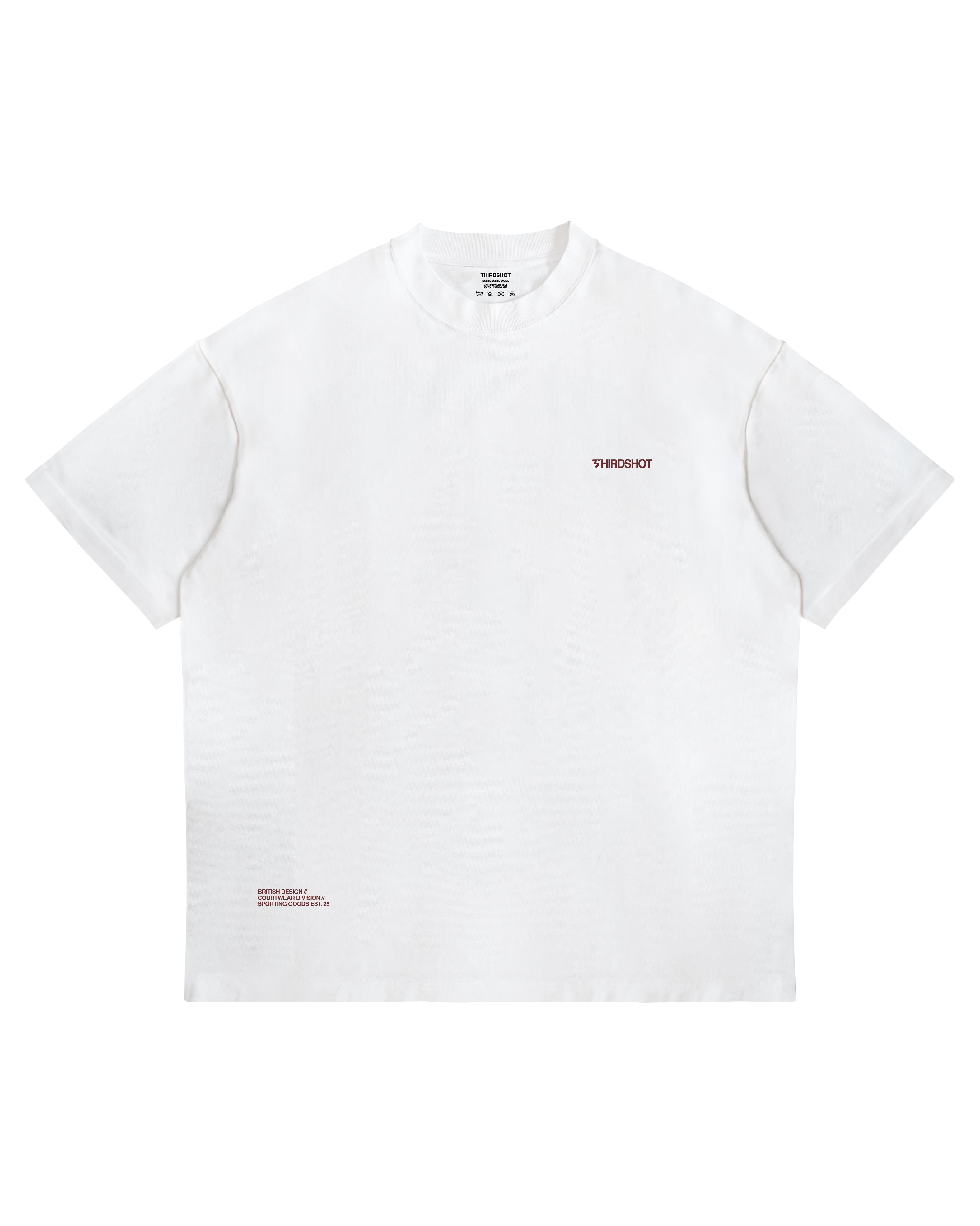 Racket Club Sundays oversized tee in white, front view with burnt red Third Shot chest logo