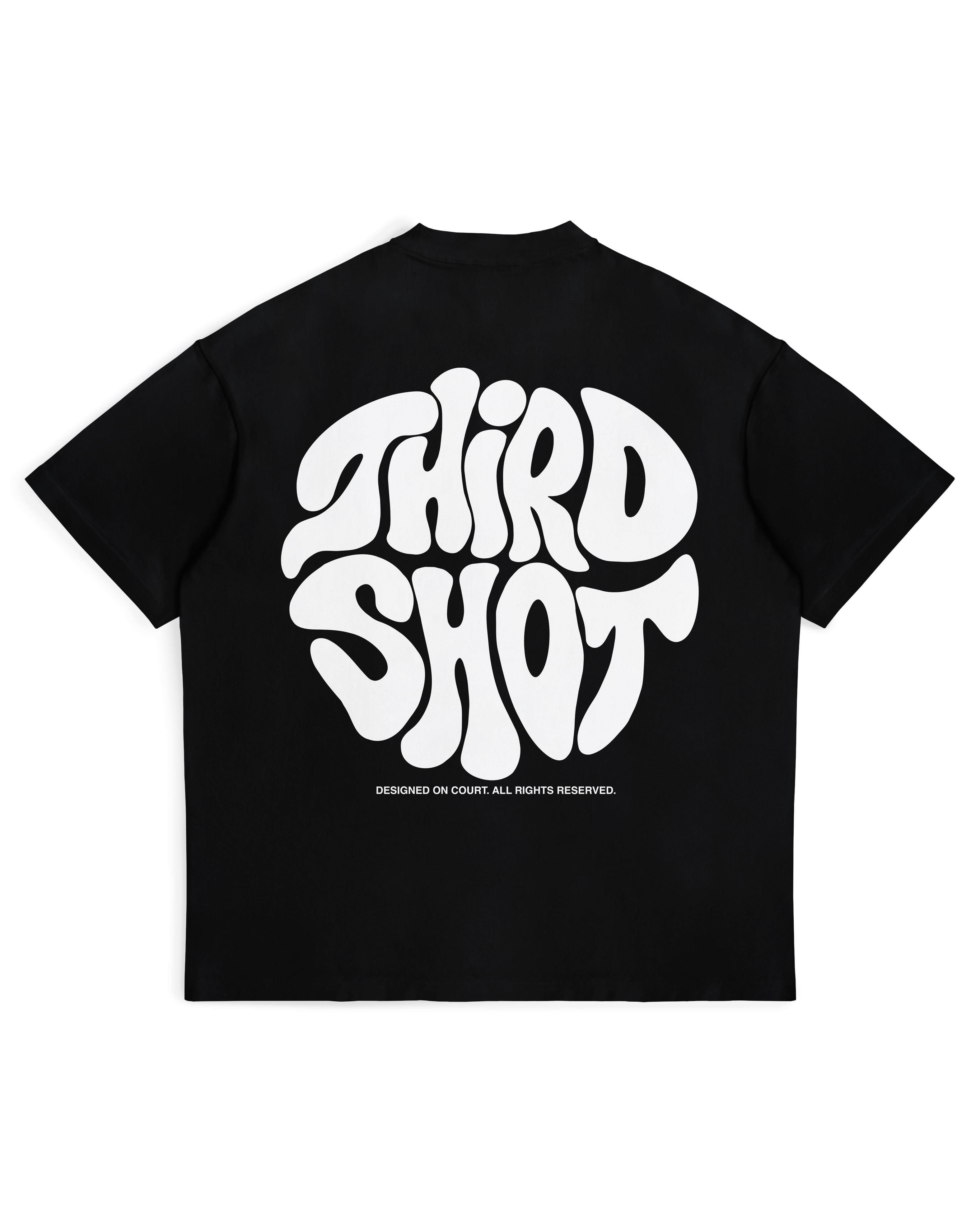 Retro Tee in black — back view with large white retro THIRD SHOT graphic