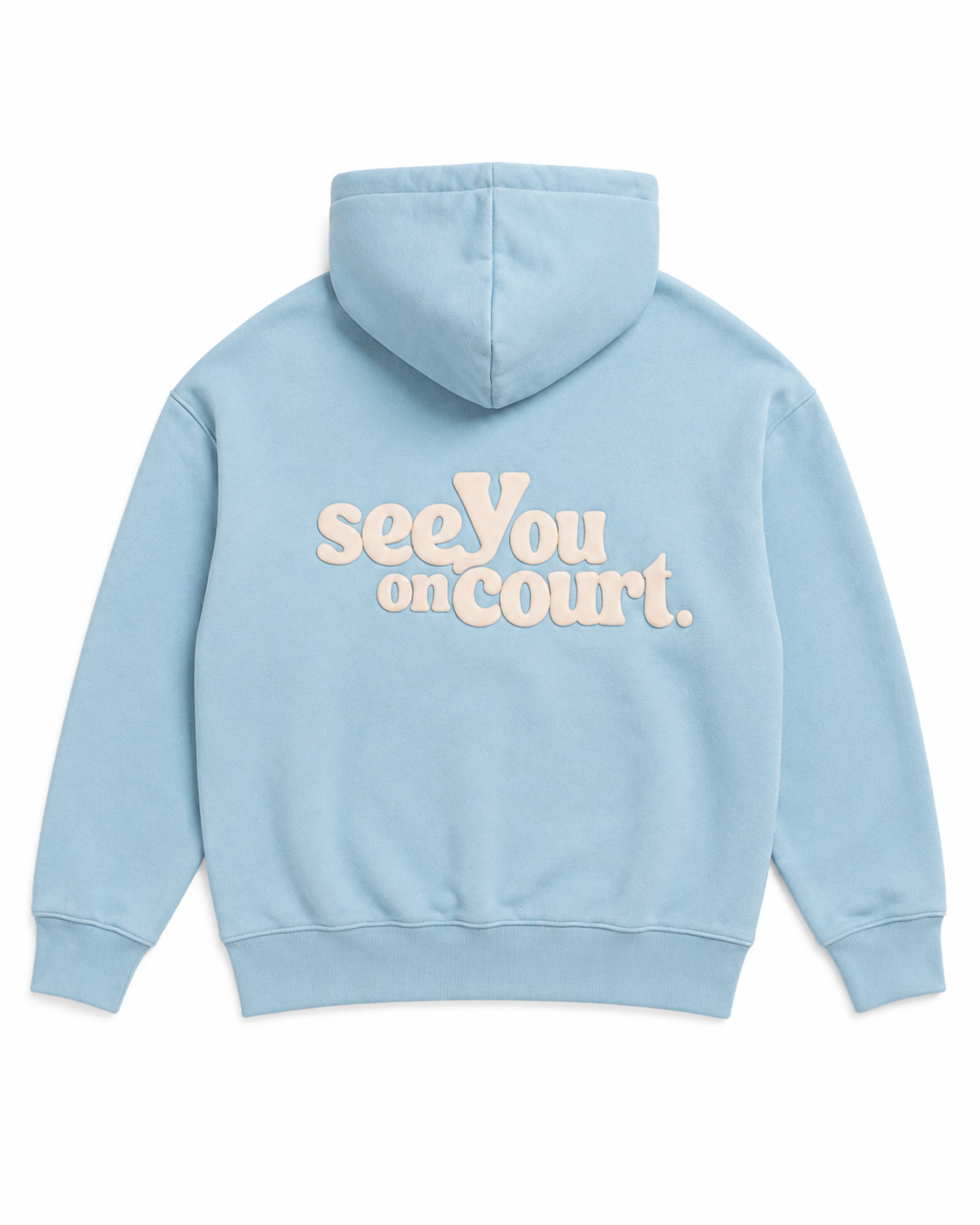 See You On Court hoodie in sky blue, back view with cream puff print lettering