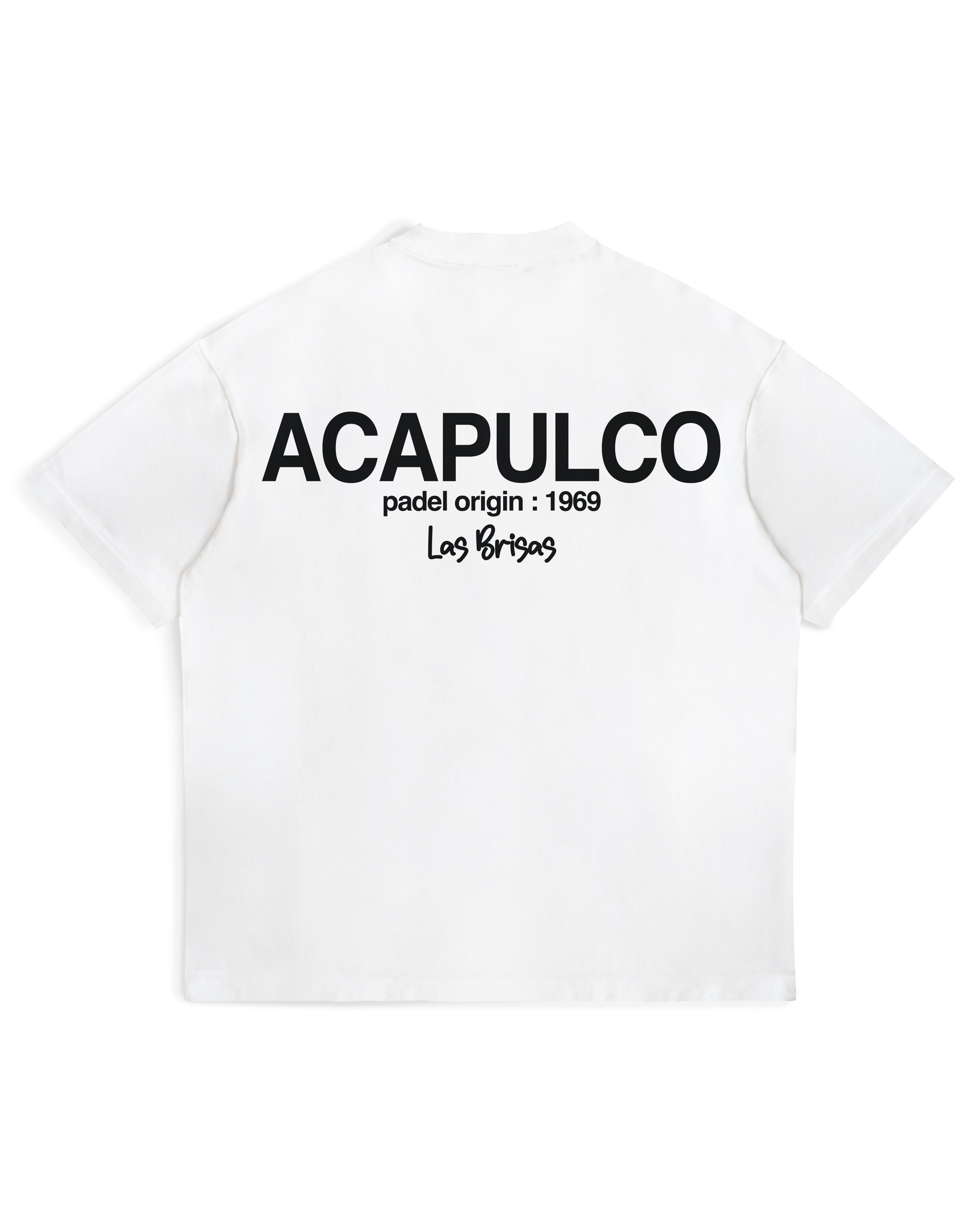 Acapulco Origins Tee in white, back view with black Acapulco padel origin 1969 print