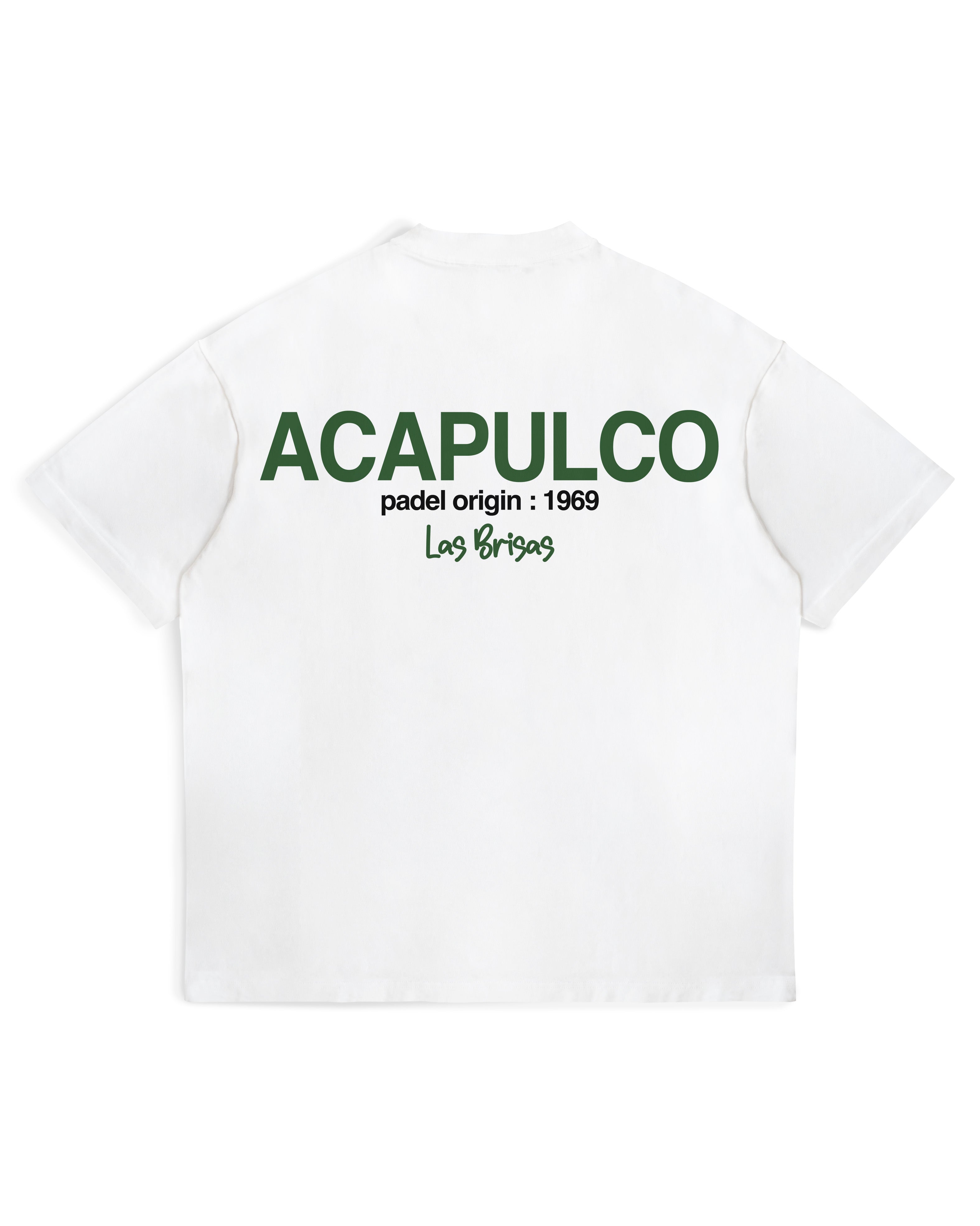 Acapulco Origins Tee in white, back view with green Acapulco padel origin 1969 print