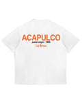 Acapulco Origins Tee in white, back view with orange Acapulco padel origin 1969 print