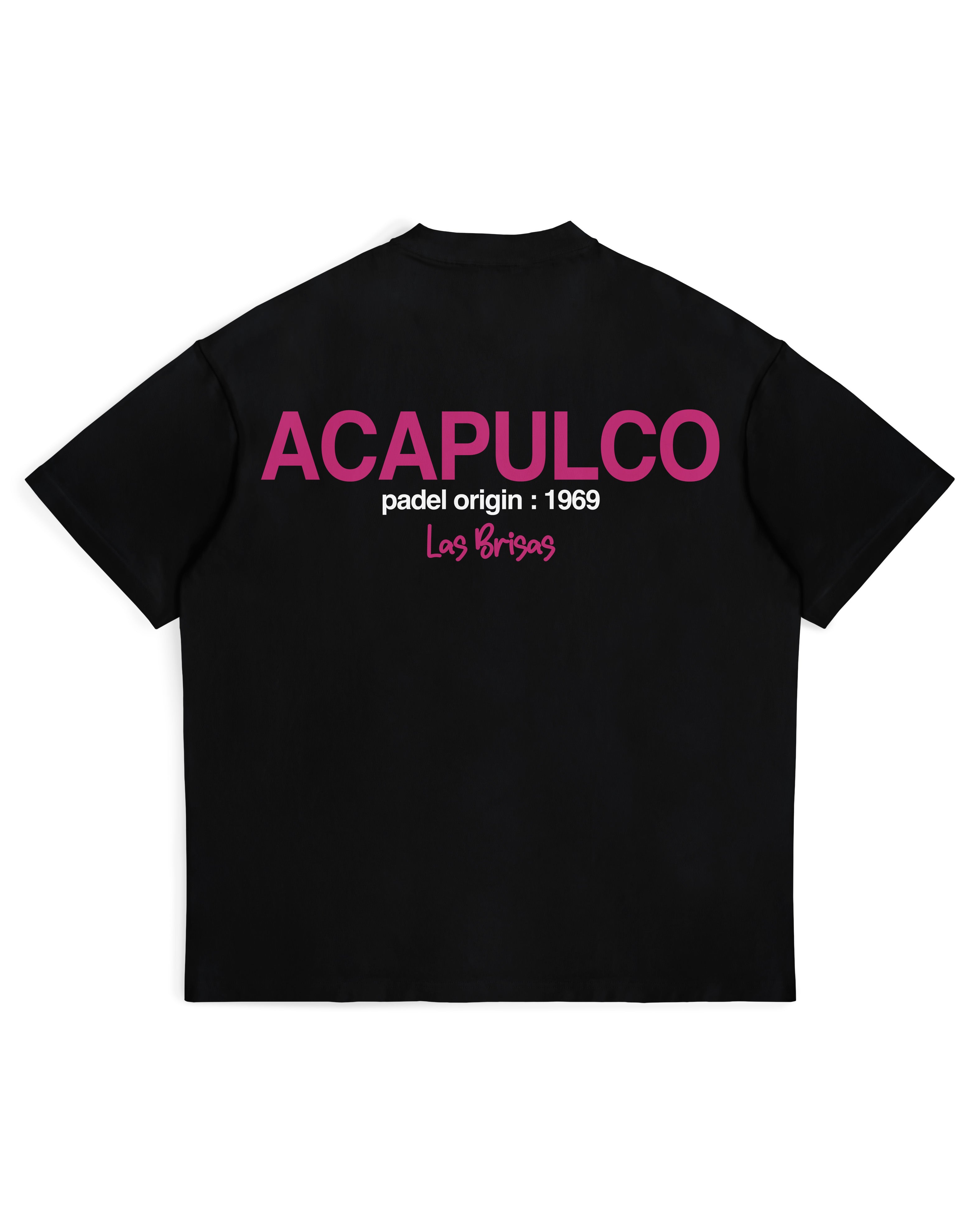 Acapulco Origins Tee in black, back view with pink Acapulco padel origin 1969 print