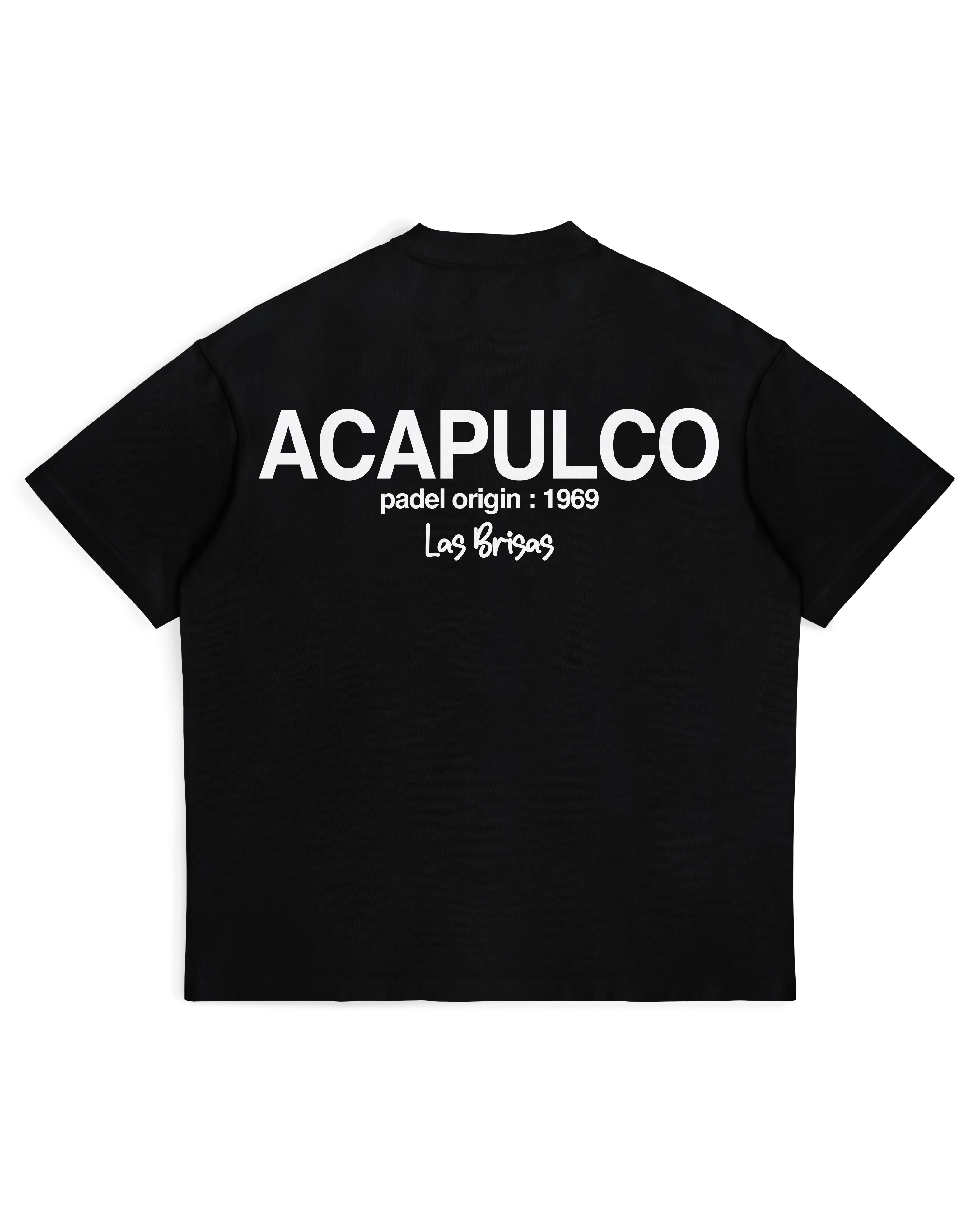 Acapulco Origins Tee in black, back view with white Acapulco padel origin 1969 print