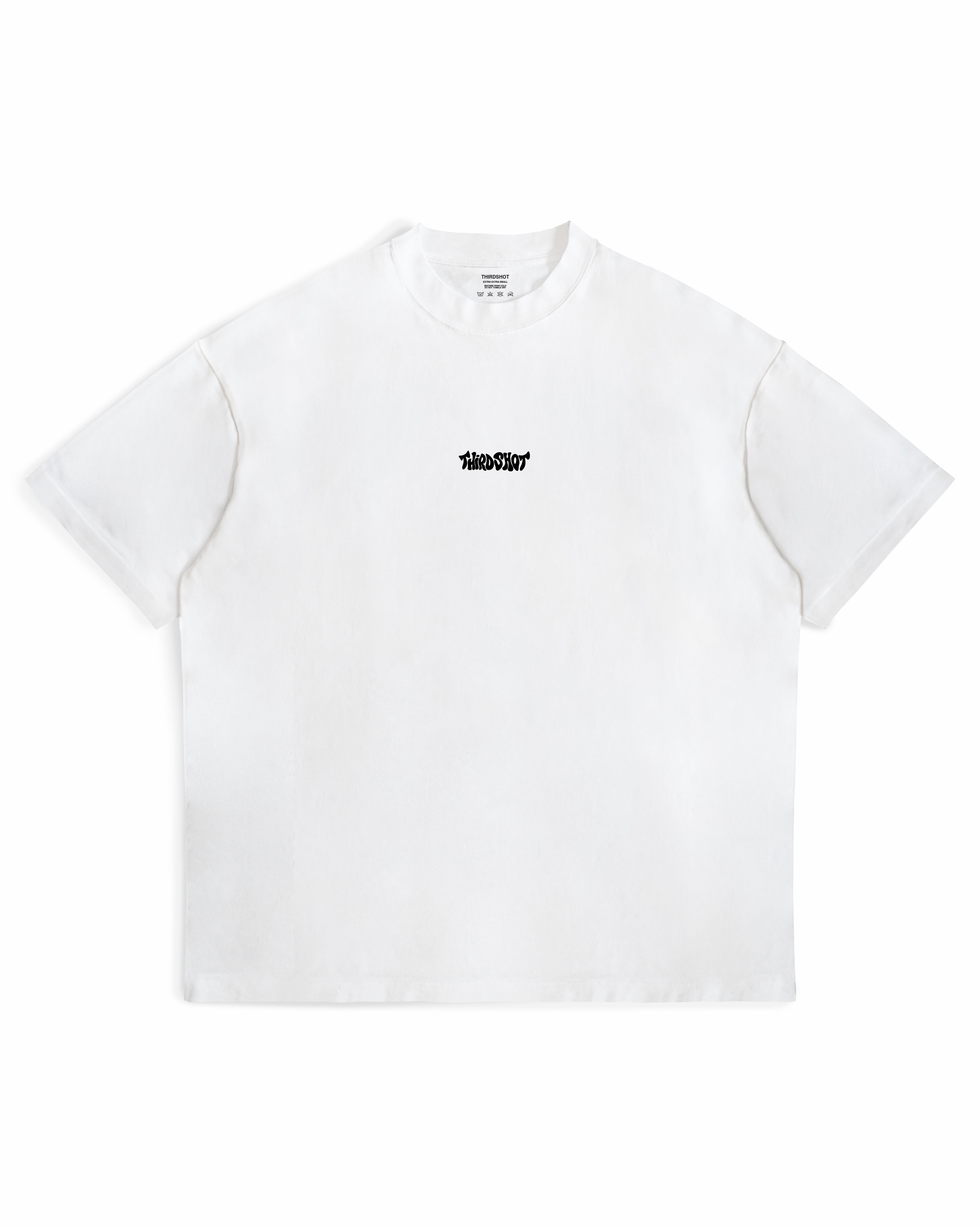 Retro Tee in white — front view with black retro chest print