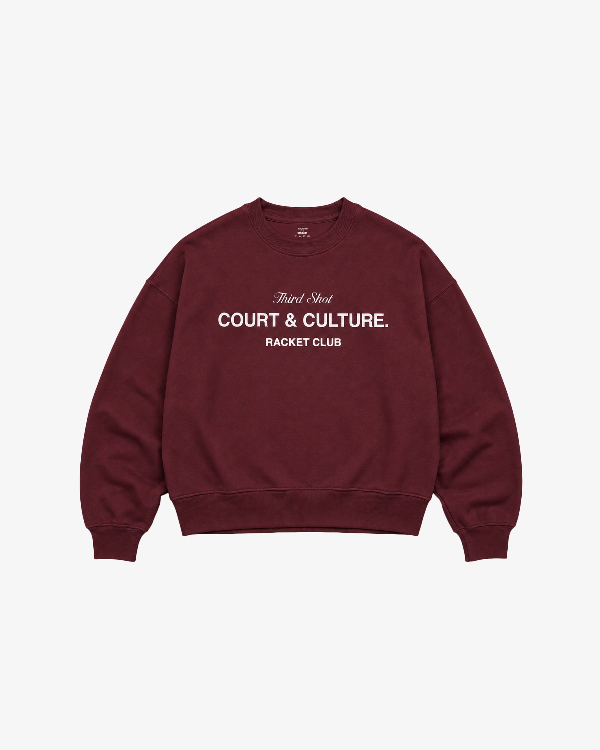 Women's Court & Culture Sweatshirt in Burgundy, front view with Third Shot Racket Club print — Third Shot UK padel & pickleball sweatshirt