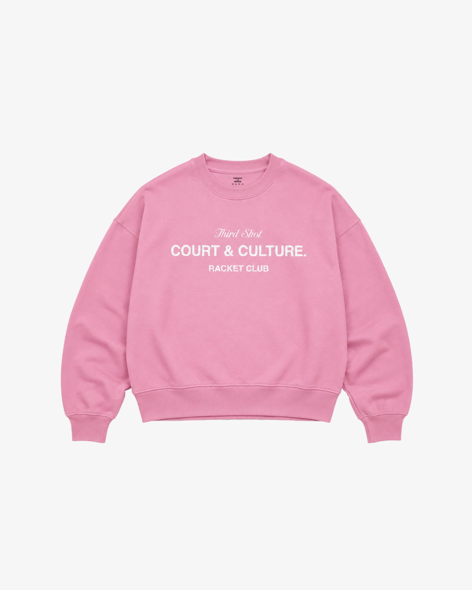 Women's Court & Culture Sweatshirt in Pink, front view with Third Shot Racket Club print — Third Shot UK padel & pickleball sweatshirt