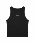 Women's Sports Crop Tank in black, front view with Third Shot chest logo